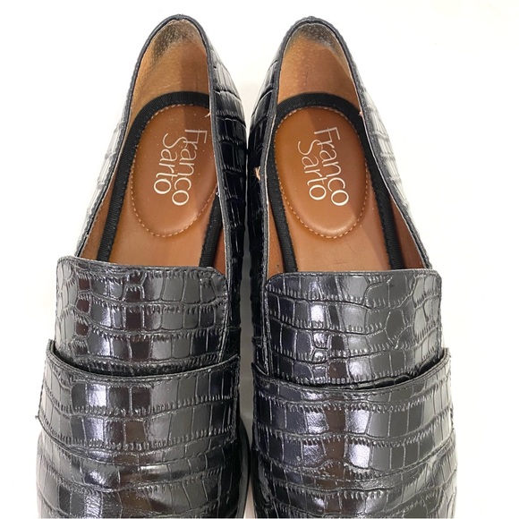 Franco Sarto Pointed Toe Loafers 8 M Black Leather Flat Croc Print Slip On - Picture 5 of 12